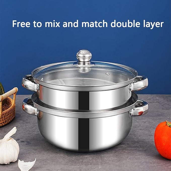 Steamer Pot for Cooking 3.0-Quart Steam Pot with Lid 2-tier Multipurpose Stainless Steel Steaming Cookware with Handle for Vegetable, Soups, Stews and Pasta
