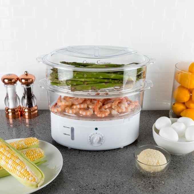Classic Cuisine Food Steamer and Rice Cooker in one, Two-Tier Food Steamer for Healthy Meals anytime, cooks Vegetables, Fish, Dumplings, Eggs and more, 6.3 QT, Clear