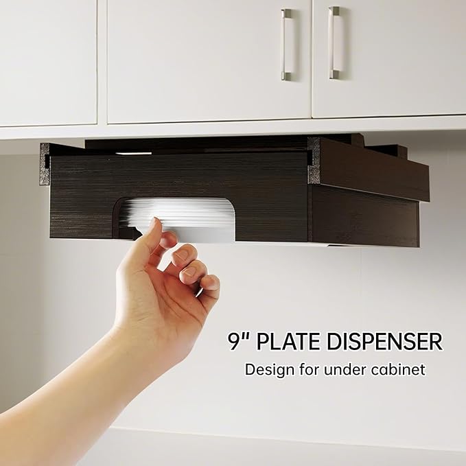 Bamboo Paper Plate Dispenser 9 inch - Wooden Paper Plate Dispenser Under Cabinet, Kitchen Countertop Vertical Plate Holder Organizer Black
