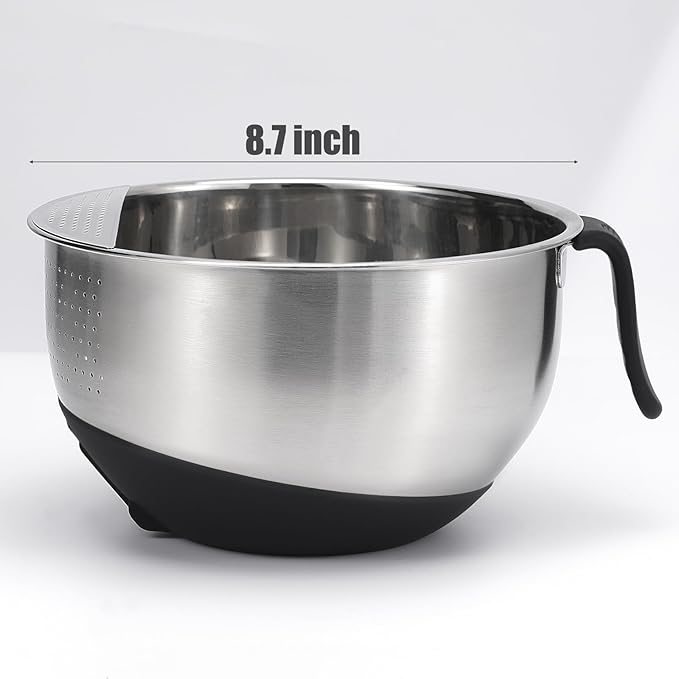 Rice Washer Strainer Bowl Quinoa Washing Bowl whit Handle Stainless Steel Colander Versatile Side Drainers for Cleaning Rinsing Fruits, Vegetables, and Beans - Tilting Non-slip Silicone Bottom