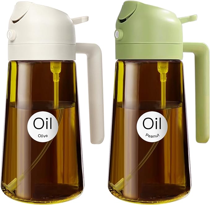 YARRAMATE 2PCS 16oz/470ml Oil Sprayer for Cooking with Stickers, Food-Grade 2 in 1 Olive Oil Dispenser Bottle for Kitchen, Premium Dark Green Glass Oil Bottle for Air Fryer, BBQ (White & Green)