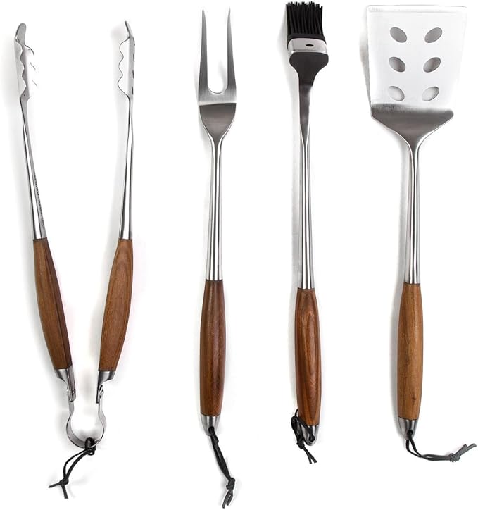 Schmidt Brothers - BBQ Bonded Teak 4 Piece Grilling Accessory Set, Full-Forged Stainless Steel Grilling Utensils Including Spatula, Fork, Basting Brush, and Tongs with All Wood Handles