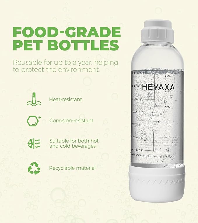 HEYAXA Sparkling Water Maker, Soda Maker Machine for Quickly Creating Refreshing Soda, Includes 2x BPA-Free 1L Carbonation Bottle, Compatible with 60L CO2 Carbonator (Pearl White)