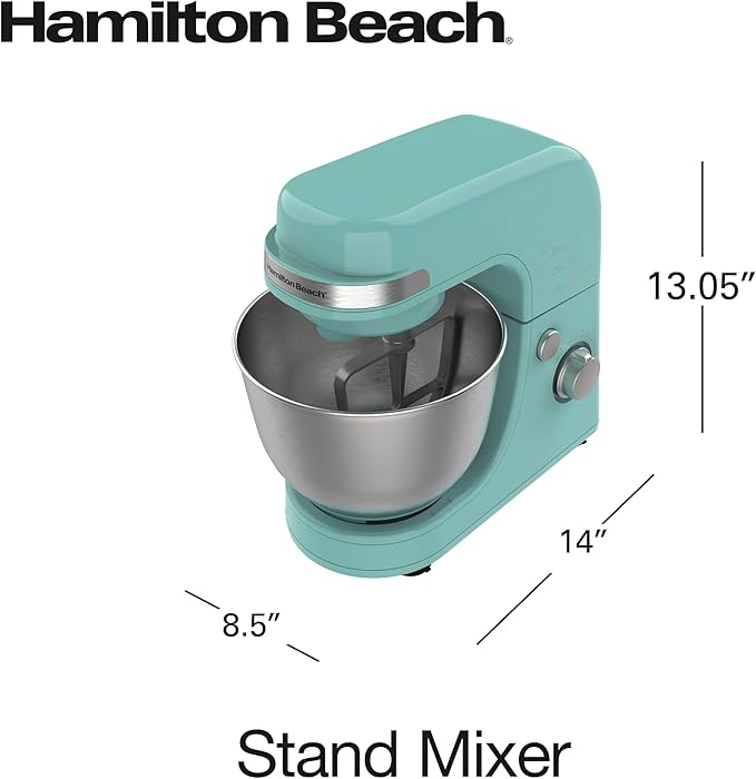 Hamilton Beach Electric Stand Mixer, 4 Quarts, Dough Hook, Flat Beater Attachments, Splash Guard 7 Speeds with Whisk, Aqua