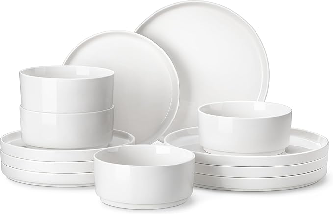 MALACASA 12 Pieces Porcelain Dinnerware Set, Modern White Dish Set for 4, Premium Serving Plates and Bowls Sets, Chip and Scratch Resistant Dishware Sets Kitchen Dishes Dining Ware Set, Series LEAH