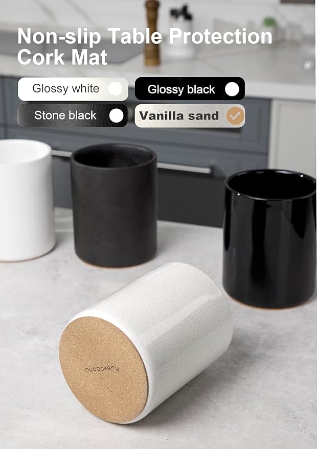 Nucookery Utensil Holder, 6.4" Ceramic Kitchen Utensil Holder for Countertop with Protection Cork Bottom, Vintage Farmhouse Kitchen Decor for Counter, Gift (Sand)