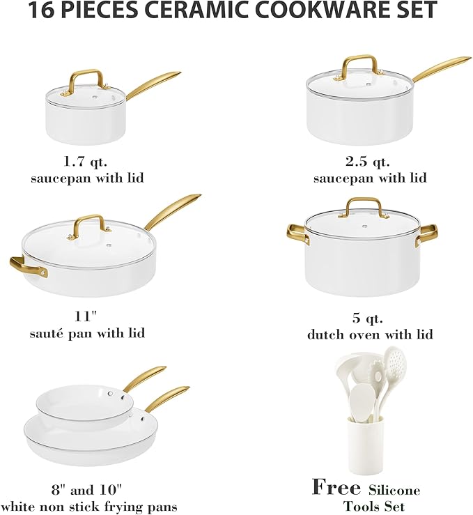 Ceramic Cookware Set, VONIKI 16 Pcs Pots and Pans Set Non Stick, Kitchen Cookware Sets with Cooking Utensils Set, Non Toxic Cookware Set White Gold Pan Set for Cooking Pot Oven & Dishwasher Safe, Gift
