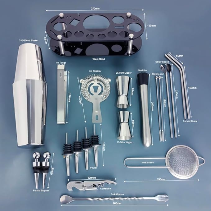 22-Piece Cocktail Shaker Set, 25/20oz Bartender Kit, Bartending Stainless Steel Bar Tools Sets for Drink Mixing, Boston Cocktail Shakers with Stand Recipes Booklet (Siver 25-20oz)