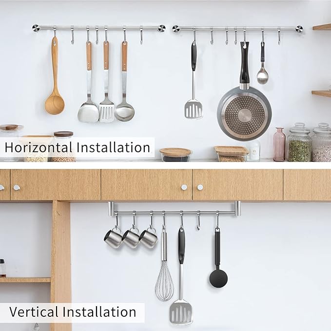15.6 Inch Wall Mounted Pots and Pans Hanging Rack, 304 Stainless Steel, Rust Resistant, Space Saving, Easy Installation, 7 Sliding Hooks, 1 Pack