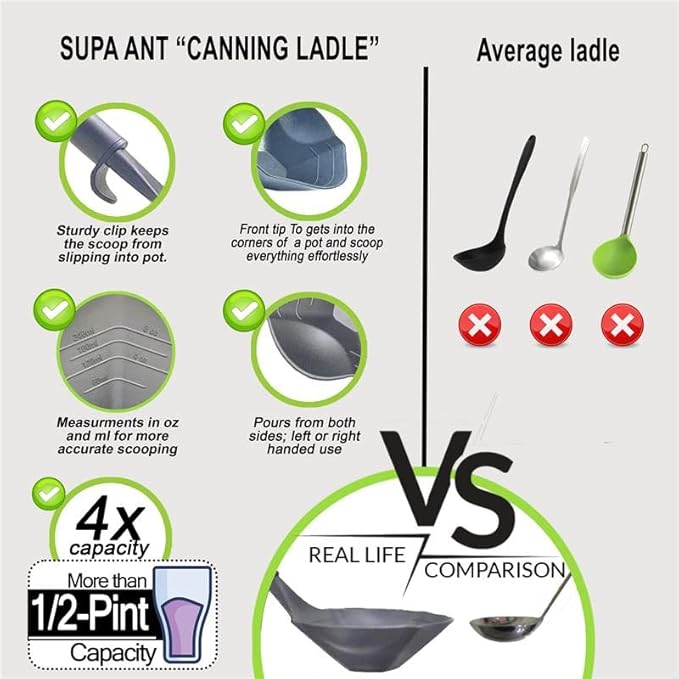 Supa Ant Canning Supplies - US Assembled Certified Food Grade Stainless Steel Canning Kit with XL Ladle, Wide Kitchen Funnel, Jar Lifter and Wrench, Bubble Popper/Measurer, Lid Lifter, Kitchen Tongs