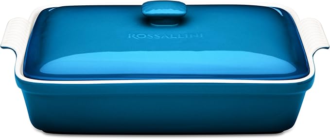 ROSSALLINI Stoneware Casserole Dish Bakeware Set with Lid, Covered Rectangular Dinnerware, Large 3.2 Quart, 11 by 9 Inch [Ocean Blue]