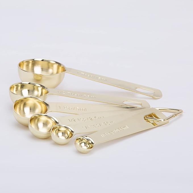 Gold Measuring Spoons, Heavy Duty 18/8 Stainless Steel Measuring Set of 6 Piece: 1/8 tsp, 1/4 tsp, 1/2 tsp, 1 tsp, 1/2 tbsp & 1 tbsp Measuring Liquid and Dry Ingredients for Cooking Baking Gift Set