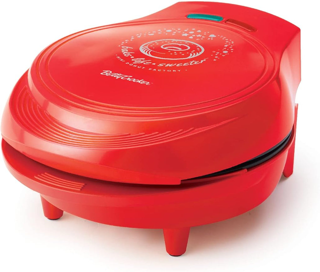 BETTY CROCKER Donut Maker, Mini Donut Maker with Nonstick Surface, Mini Donut Maker Machine with Cool Touch Handle & Makes 7 Delicious Fresh Donuts in Minutes, Red