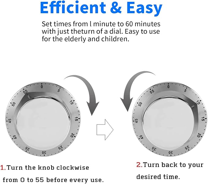 Kitchen Timers for Cooking, Chef Cooking Timer Clock with Loud Alarm - Magnetic Backing 100% Mechanical Desk Timer - No Batteries Required, Countdown Reminder Magnetic - Exquisite Stainless Steel Body