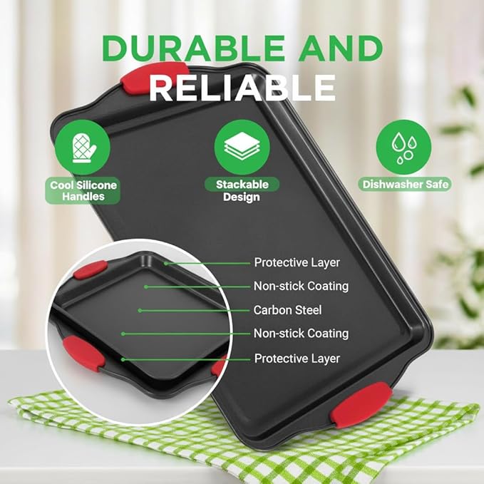 NutriChef 3-Piece Cookie Sheets for Baking, Non-Stick Baking Pans Set with Silicone Handles, Stackable Oven Trays in Small, Medium & Large Sizes for Professional and Everyday Use, 2026 Edition