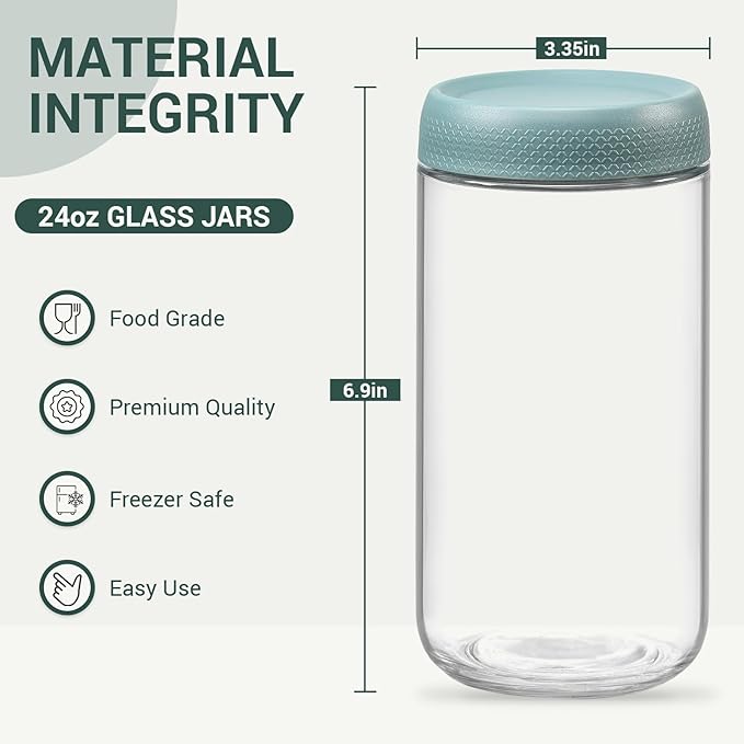 NETANY 6-pack 24oz Glass jars with Airtight Lids, Overnight Oats Containers with Lids, Wide mouth Mason Salad jars, Glass Food Storage Containers for Snacks Yogurt Spice Sugar