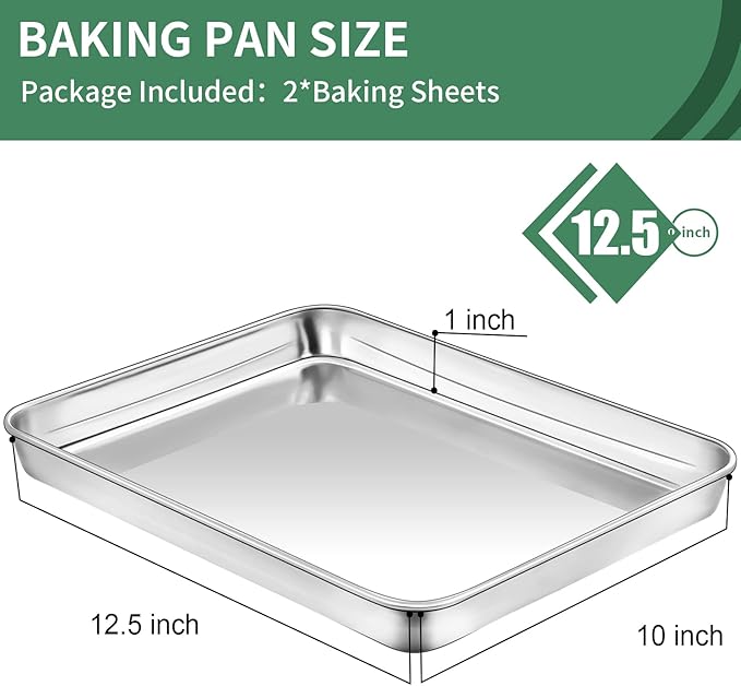 Baking Sheets Set of 2, HKJ Chef Cookie Sheets 2 Pieces & Stainless Steel Baking Pans & Toaster Oven Tray Pans, Rectangle Size 12.5Lx10Wx1H inch & Non Toxic & Healthy & Easy Clean