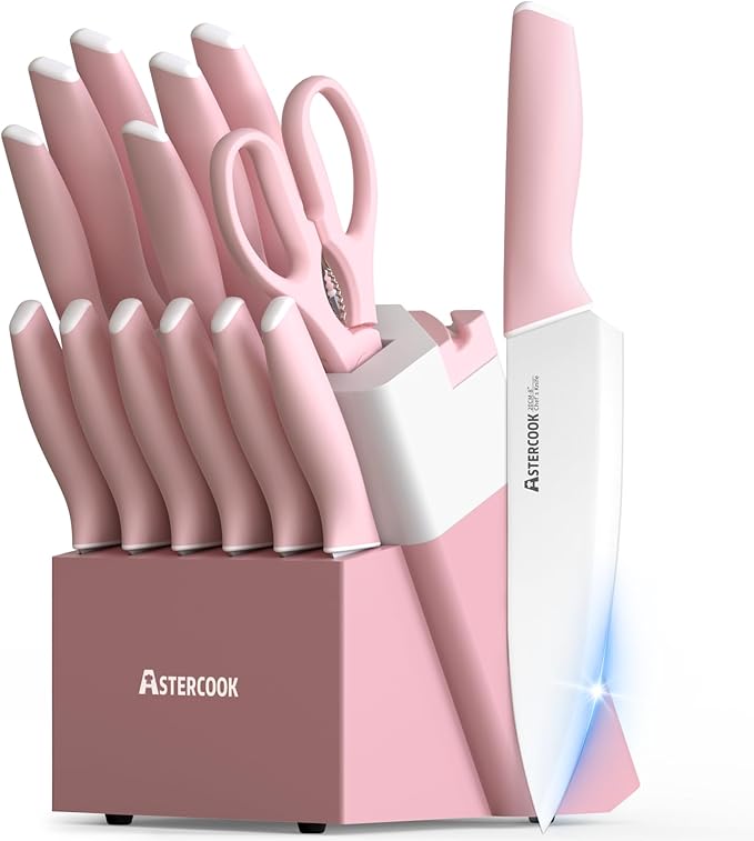 Astercook Knife Set, Kitchen Knives Set with Block and Sharpener 15 Pcs German Stainless Steel Knives Sharp Blade Dishwasher Safe Deba Knives with Ergonomic Handle, Crystal Pink