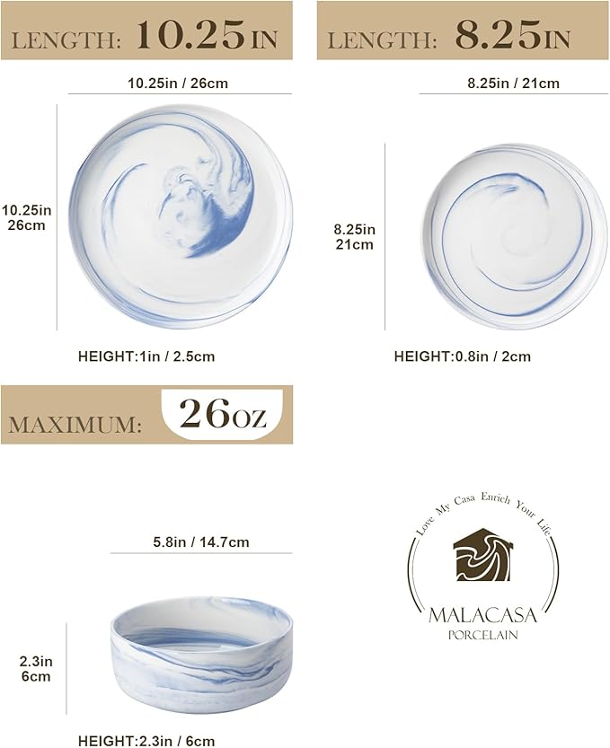 MALACASA Plates and Bowls Sets, 12 Pieces Porcelain Dinnerware Sets Dishware Sets Chip Resistant Ceramic Dish Set Dining Dinner Ware Service for 4, Marble Blue, Series LUNA
