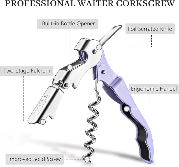 HYZ 2-Pack Wine Opener Waiter Corkscrew, Professional Wine Key for Servers, Bartender with Foil Cutter, Manual Wine Bottle Opener Double Hinged (Lavender)