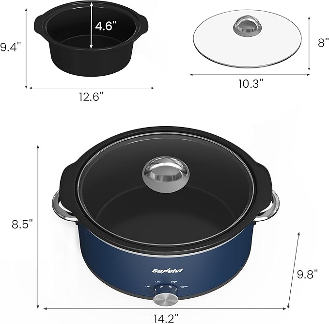 Sunvivi 3 Quart Slow Cooker & Mini Food Warmer with 3 Heating Settings, Removable Ceramic Pot, Dishwasher Safe Glass Lid, Stainless Steel, Blue