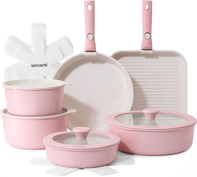 SENSARTE 17 Piece Ceramic Pots and Pans Set, Nonstick Detachable Handle Cookware, Induction Kitchen Cookware Set with Removable Handle, Dishwasher ＆ Oven Safe (Pink)