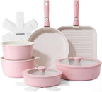 SENSARTE 17 Piece Ceramic Pots and Pans Set, Nonstick Detachable Handle Cookware, Induction Kitchen Cookware Set with Removable Handle, Dishwasher ＆ Oven Safe (Pink)