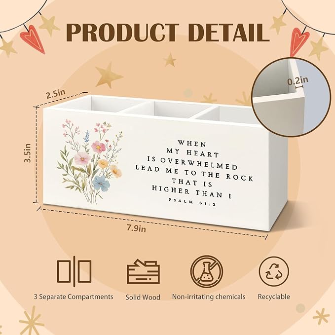 Floral Christian Wooden Utensils Holder, Wildflower Psalm 61 : 2 Bible Scripture Religious Wood Cooking Utensil Holder Organizer for Kitchen Countertop Counter Decor Accessories