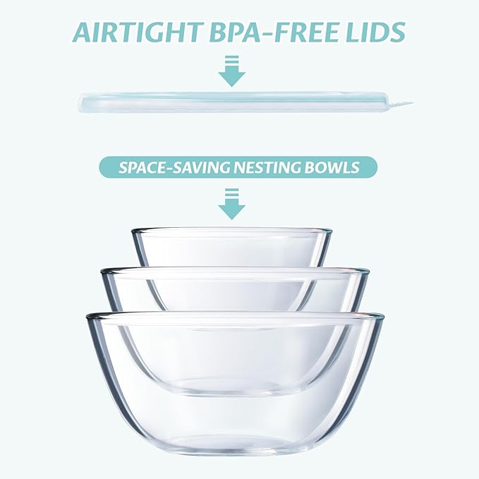 Luvan Glass Mixing Bowls with Lids Set(4.5QT, 2.7QT, 1.1QT)-Large Glass Mixing Bowls, Clear Salad Bowl for Baking, Cooking, Serving, Food Prep, 3PC Nesting Bowls for Kitchen Storage & Dishwasher Safe