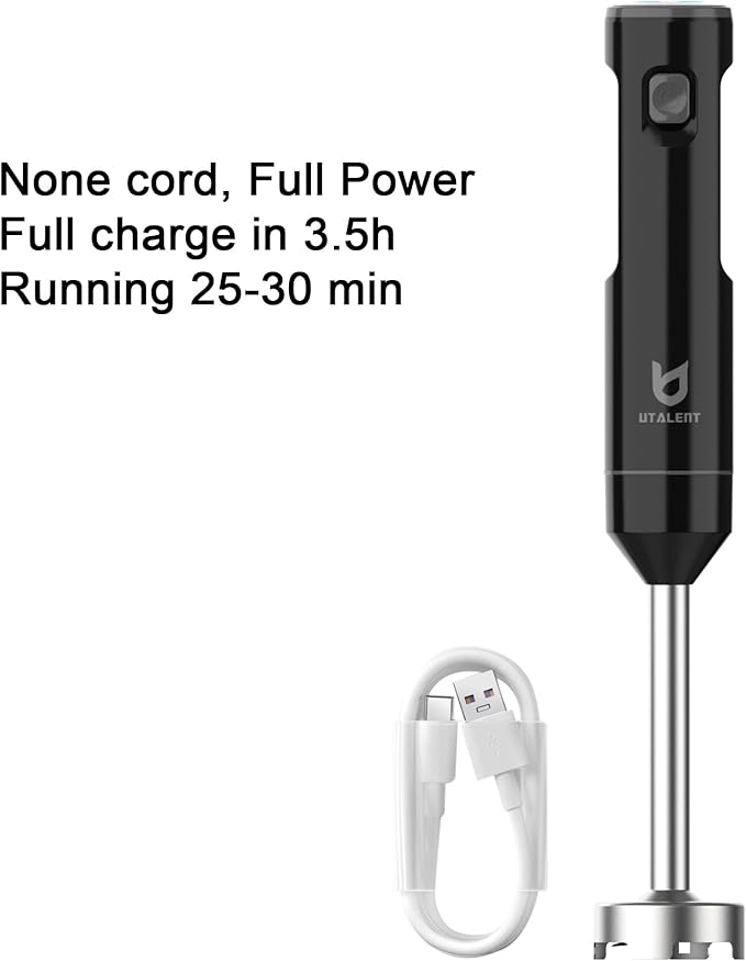 Cordless Hand Blender, UTALENT Variable Speed Immersion Blender Rechargeable, with 500ml Chopper, 600ml container, Egg Whisk, for Smoothies, Baby Food and Soups – Black