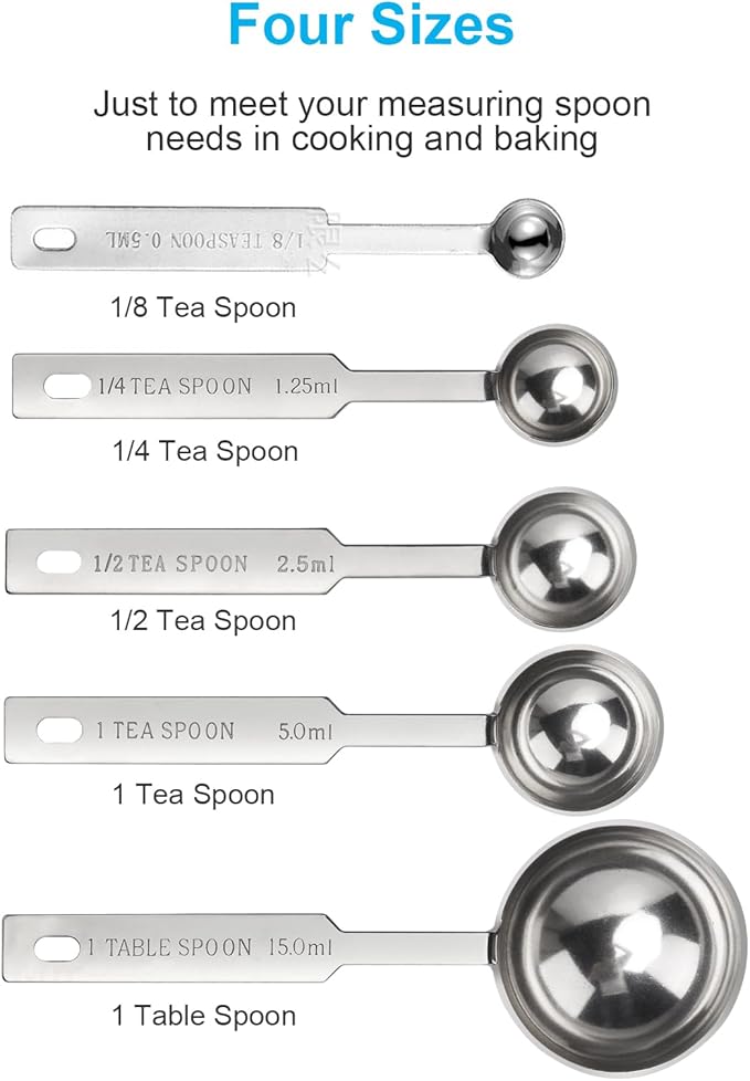 5PCS OstWony Measuring Spoons Set, Includes 1/8 tsp, 1/4 tsp, 1/2 tsp, 1 tsp, 1 tbsp, Food Grade Stainless Steel measuring cups, Tablespoon and Teaspoon for Measure