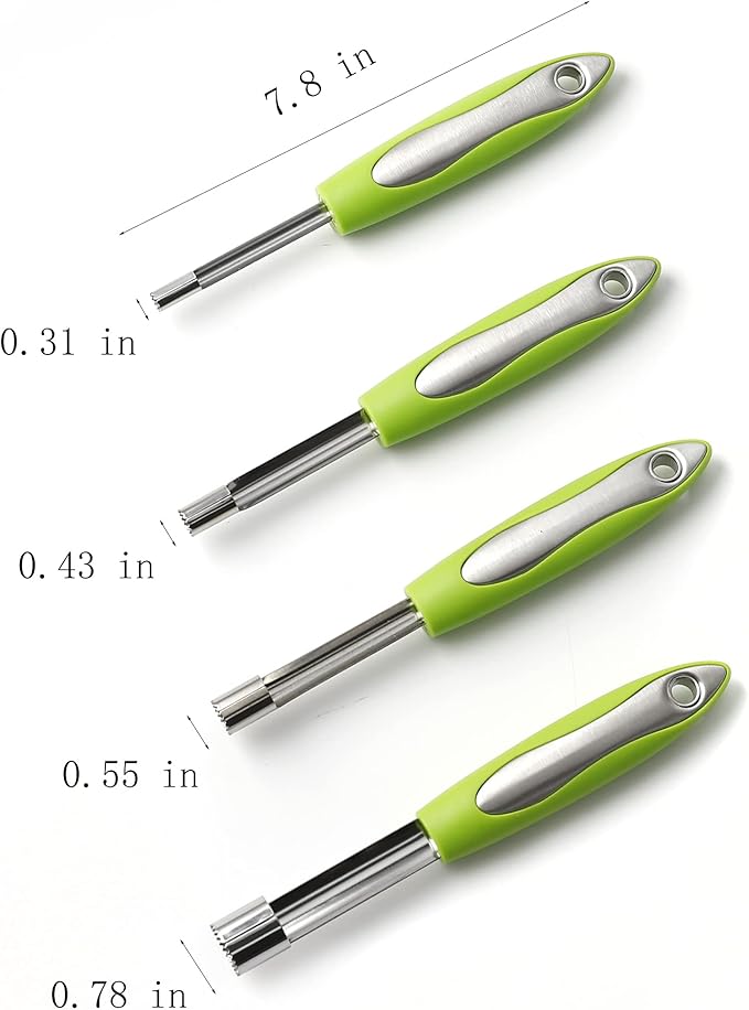 Apple corer set of 4 sizes, corer and pitter with comfortable rubber handle, for fruit, vegetables, apples, pears, cherries, jujubes and red dates