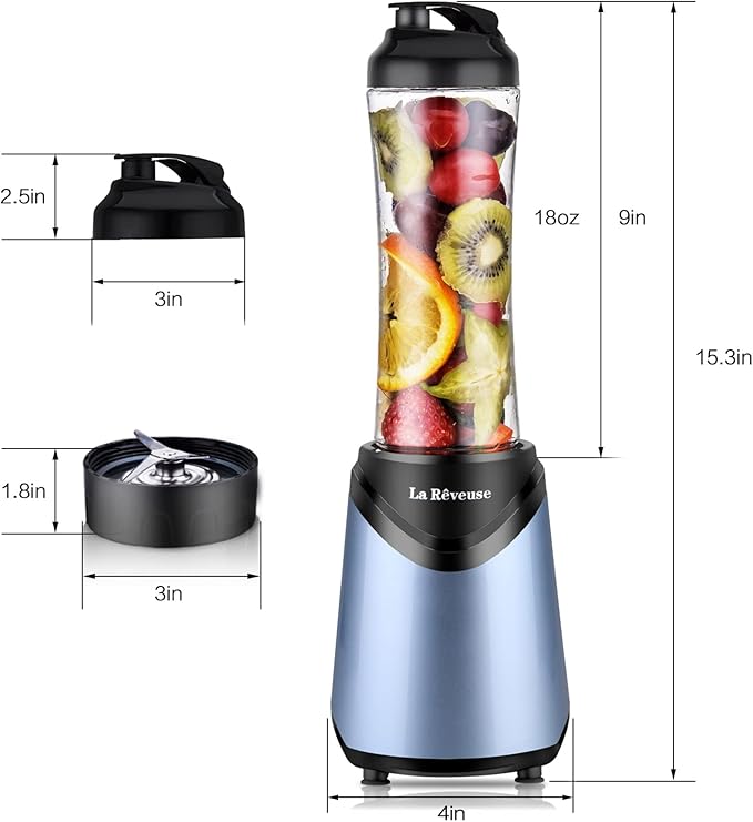 La Reveuse Smoothies Blender Personal Size 300 Watts with 18 oz BPA-free Portable Travel Sports Bottle (Light Blue)