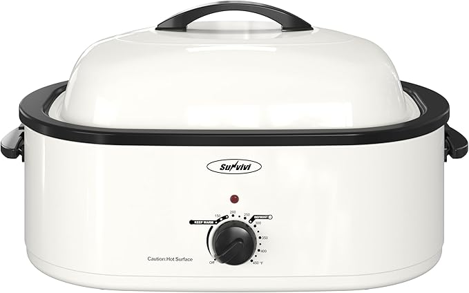 Sunvivi Roaster Oven, Electric Roaster Oven with Self-Basting Lid, 24lb 20-Quart Turkey Roaster with Unique Defrost/Warm Function, Large Roaster with Removable Pan & Rack, Stainless Steel, White