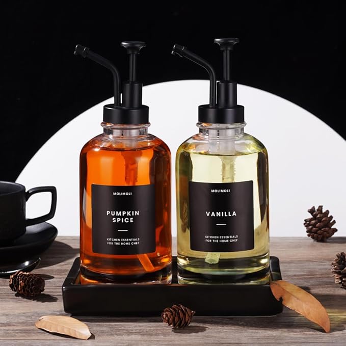 Molimoli Coffee Syrup Dispenser - Glass Bottle with Pump, Maple/Coffee Syrup, Labels and Tray