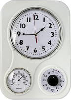 Lily's Home - 9.5 Inch x 12.5 Inch - Retro Kitchen Wall Clock, Vintage Wall Clock with a Thermometer and 60-Minute Timer, Ideal for Any Kitchen, Office, or Diner (White)