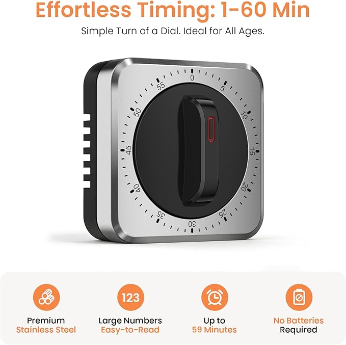 Mechanical Kitchen Timer with Magnet: Wind Up Cooking Timer Clock with Loud Alarm, Kitchen Timers for Cooking, No Battery Manual Food Timer for Baking, BBQ, Seniors & Daily Reminders