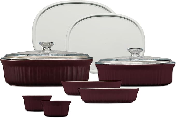 CorningWare Ceramic Bakeware Set with Lids Chip and Crack Resistant Stoneware Baking Dish, Microwave, Dishwasher, Oven, Freezer and Fridge Safe, 10-Piece French Cabernet