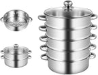 5-Tier Stainless Steel Steamer, 12.59 * 2.75inch Cooking Tools Pan Set Household Cookware Pot Large Capacity Kitchenware Multi-Purpose Kitchen Implements Stackable Vegetable Pan w/Glass Lid