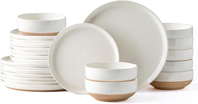 AmorArc Ceramic Dinnerware Sets for 8, 24 Pieces Handpainted Plates and Bowls Set with Rustic Terracotta Underside, Scratch Resistant Stoneware Dishes Set, Dishwasher & Microwave Safe, Light Beige