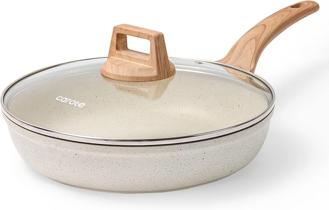 CAROTE Non Stick Frying Pan Skillet,10" Nonstick Fry Pan with Glass Lid, Egg Pan Omelet Pans, Granite Cookware PFOA Free White Granite, 10-Inch