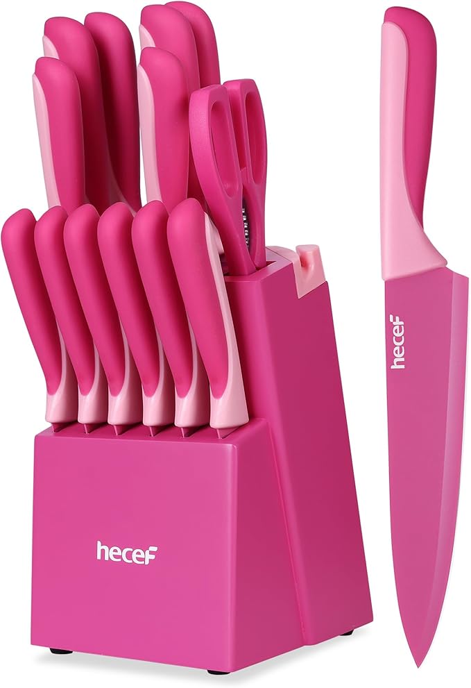 hecef 15 Pieces Kitchen Knife Set with Built-in Sharpening Wooden Block, Dishwasher Safe, High Carbon Stainless Steel Knife Block Set with Steak Knives, Kitchen Scissors, Hot Pink
