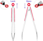 304 Stainless Steel Kitchen Cooking Tongs, 12" and 14" Set of 2 Sturdy Grilling Barbeque Brushed Locking Food Tongs with Ergonomic Grip, Red