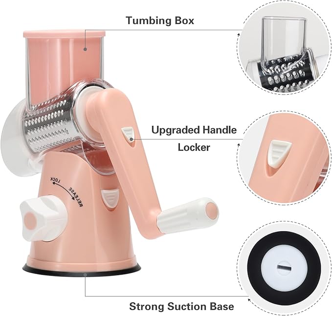 Cambom Rotary Cheese Grater Hand Crank Cheese Shredder for Fresh Cheese, Vegetable, Nuts,Non-slip Suction Base, Free Cleaning Brush Three Blades, Pink