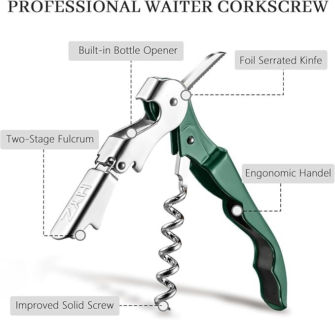 HYZ 2-Pack Wine Opener Waiter Corkscrew, Professional Wine Key for Servers, Bartender with Foil Cutter, Manual Wine Bottle Opener Double Hinged (Dark Green)
