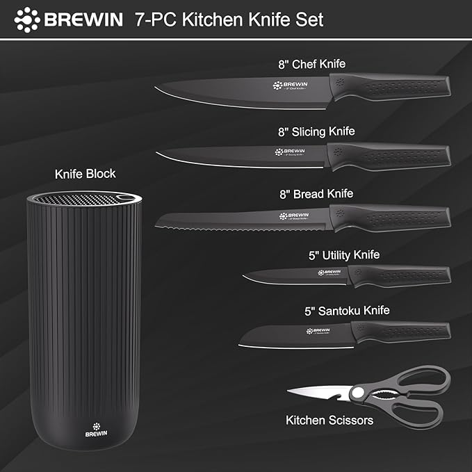 Knife Set, Brewin Kitchen Knife Set, Knives Set for Kitchen, Universal Knife Block, Utility Knife Block Set, New Home Essentials, Apartment Essentials, Dishwasher Safe