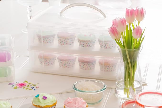 Snapware (2-Layer, 24 Cupcakes Plastic Detachable Cupcake Carrier Storage Container With Lid and Handle, Freezer Dishwasher Microwave Safe (Pack of 3)