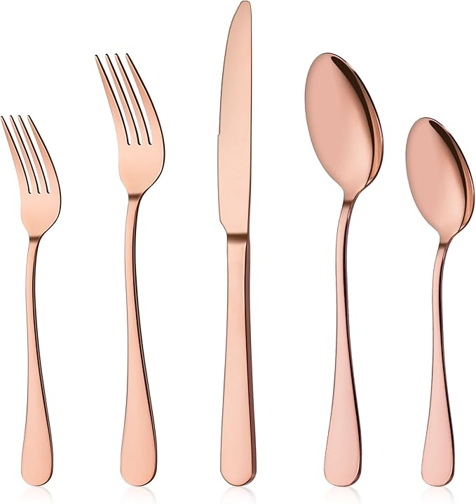 Briout Rose Gold Silverware Set, 20 Piece Cutlery Set, Stainless Steel Flatware Set Service for 4 Include Spoons Forks Knives Tableware Utensil Set for Kitchen Home Restaurant, Shiny Rose Gold Polish