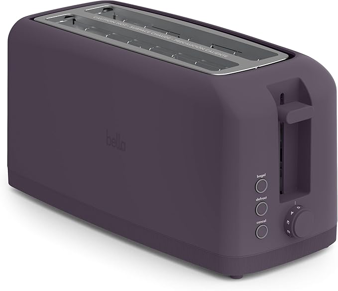 bella 4 Slice Slim Toaster, Fits-anywhere™ Kitchenware, 6 Setting Shade Control with Reheat & Cancel Buttons, Fits Sourdough, 10” Long Slot, Anti Jam & Auto Shutoff, 900 Watt, Plum