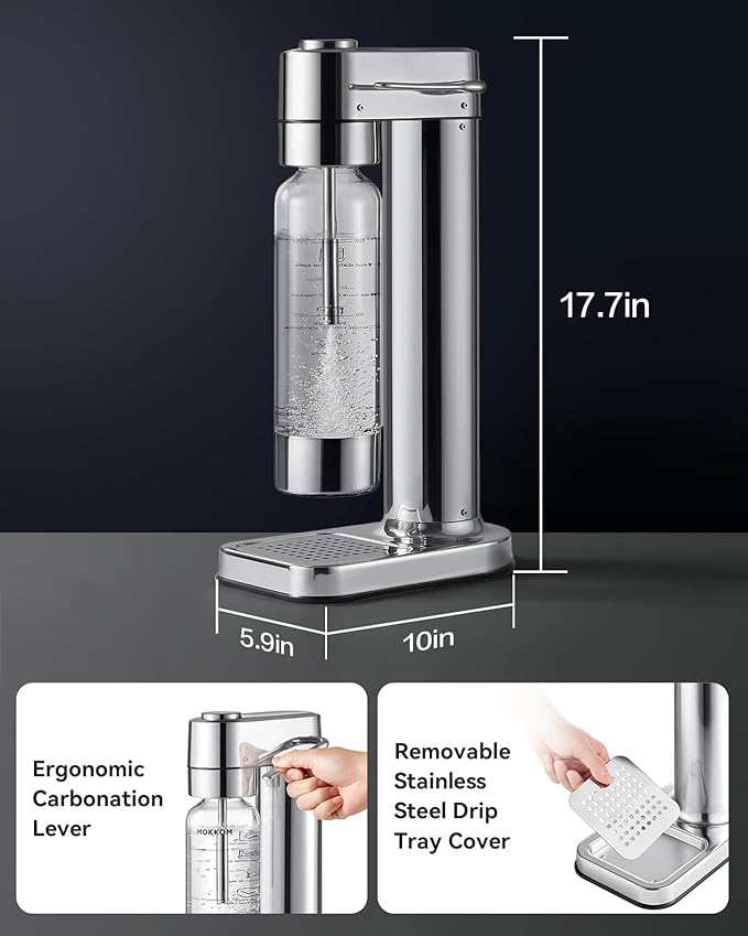 MOKKOM Sparkling Water Maker, Soda Maker with 1L PET Carbonating Bottle, Soda Streaming Machine and Beverage Carbonator, Compatible with 60L CO2 Carbonator (NOT Included) - Stainless Steel